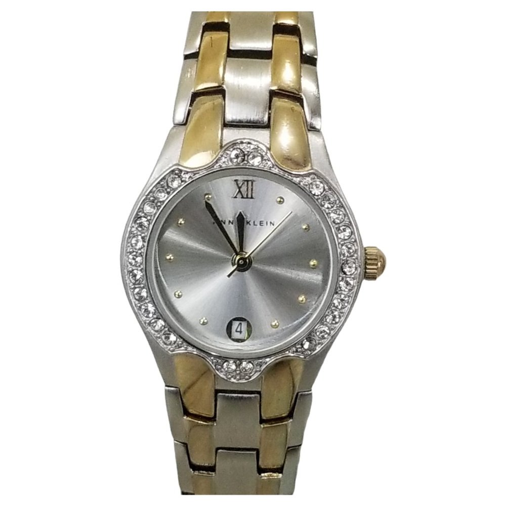 Anne Klein Womens Wrist Watch Crystal Rhinestone Gold Two-Tone Date New Batte O6